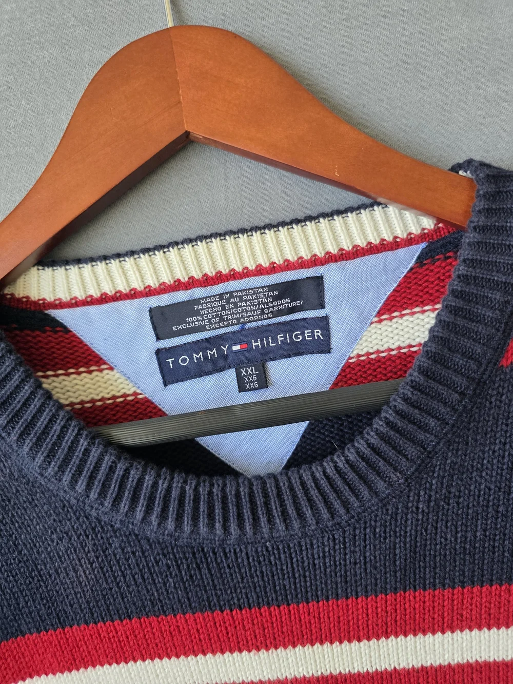 Tommy Hilfiger Men’s XXL Striped Crest Sweater Navy Red Cream Preppy Y2K